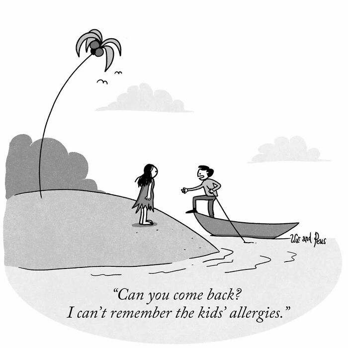 Darkly funny one-panel comic by War and Peas showing a man asking a woman to come back over kids' allergies.