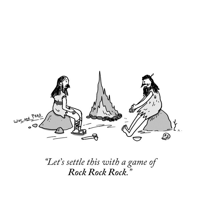 Two cavemen sitting by a fire in a darkly funny one-panel comic by War and Peas about rock paper scissors.