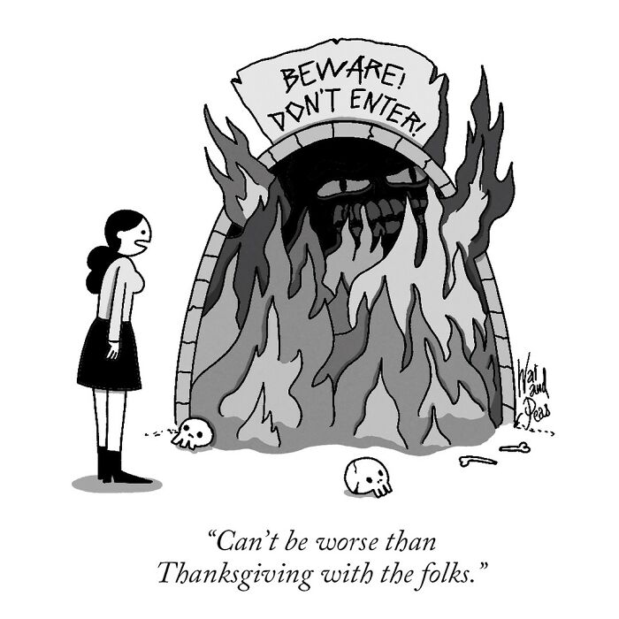 Darkly funny one-panel comic shows a woman facing a fiery cave with a warning sign and skulls outside.