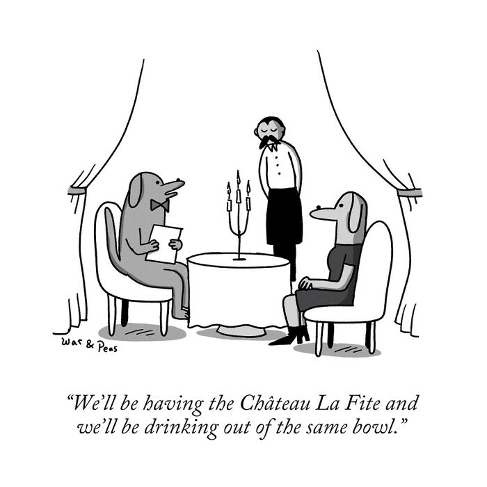 One-panel darkly funny comic by War and Peas showing two dogs on a date with a waiter at a candlelit table.
