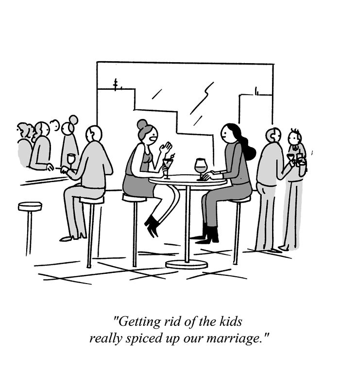 Black and white one-panel comic by War and Peas showing two women at a bar discussing marriage with a darkly funny caption.