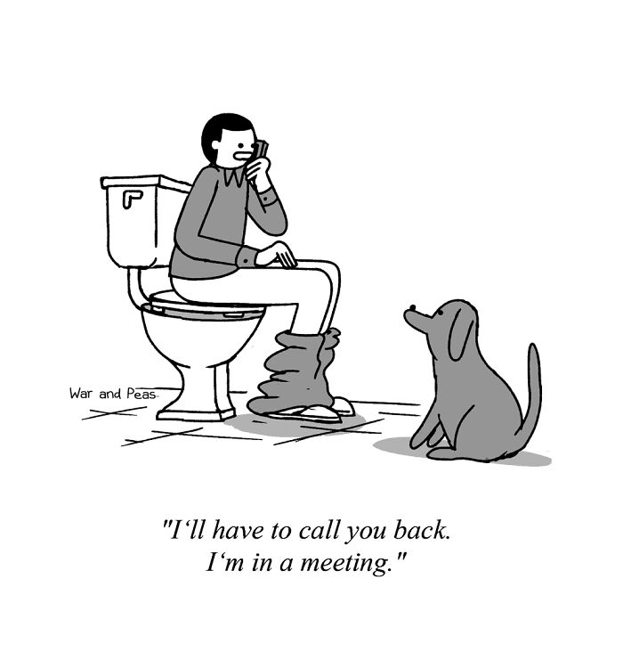 Man sitting on toilet, talking on phone with dog watching, darkly funny one-panel comic by War and Peas.
