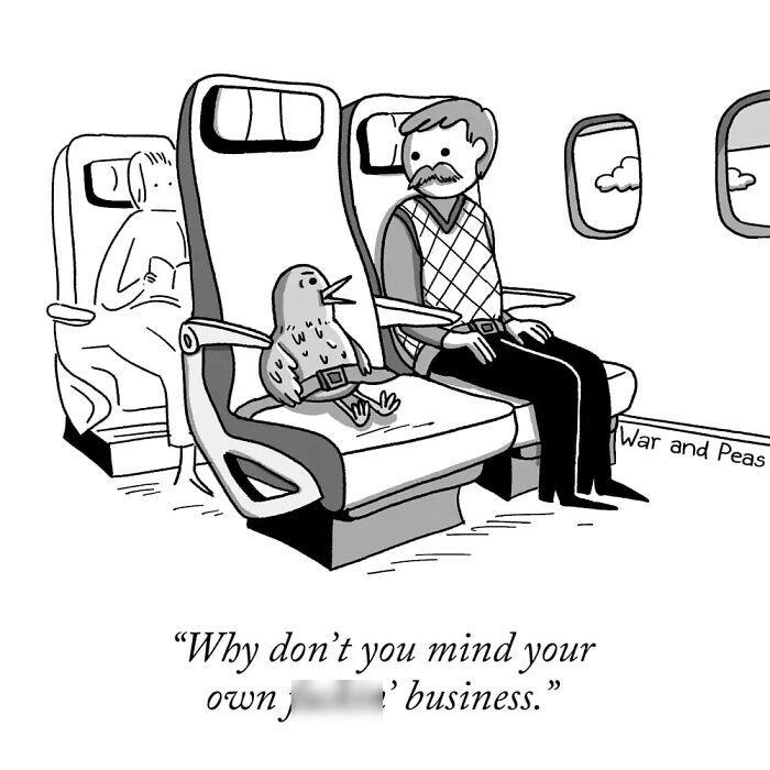 Airplane scene from darkly funny one-panel comics featuring a bird and man with seat belts fastened.
