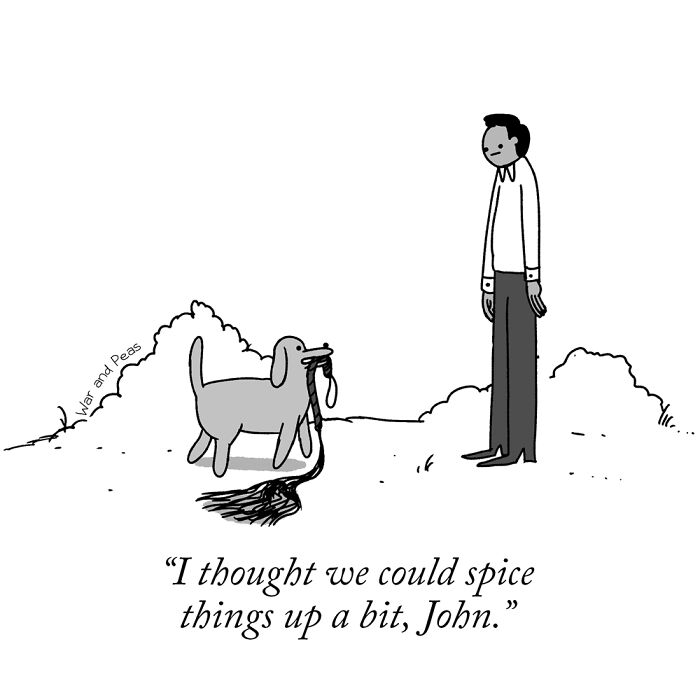 Darkly funny one-panel comic by War and Peas showing a dog holding a whip and a man looking confused outdoors.