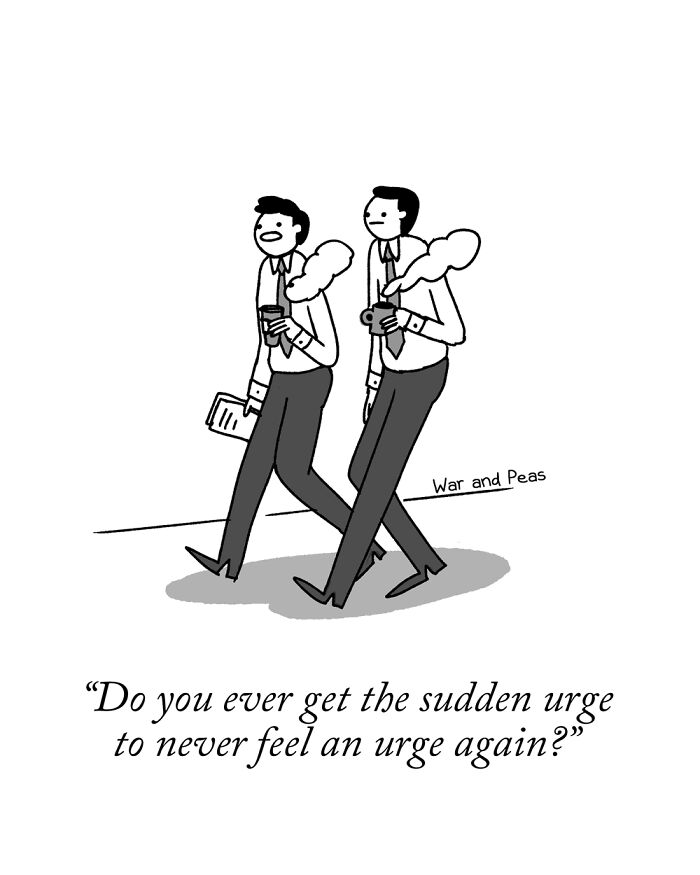 Two men in office attire holding coffee mugs and papers in a darkly funny one-panel comic by War and Peas.