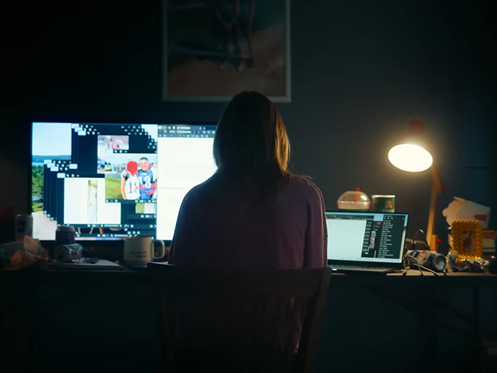Person sitting in front of multiple computer screens in a dark room related to mom who catfished her daughter.