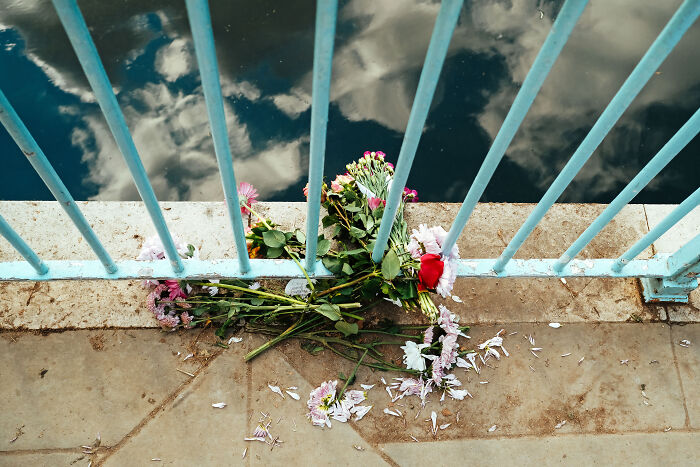 Bouquet of flowers placed by blue railings reflecting the sky, capturing the atmosphere in London after the Queen’s passing.