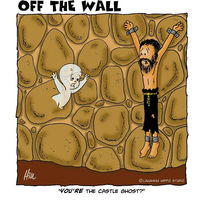 Witty one-panel comic shows a ghost surprised by a prisoner on a stone wall, humorously spinning classic characters in pop culture.