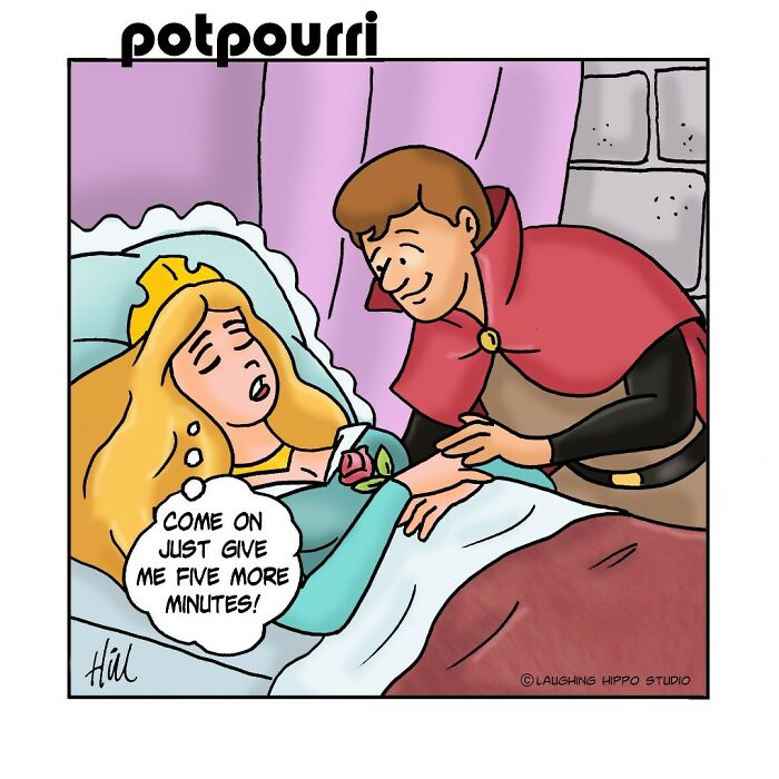 Sleeping princess in bed asks for five more minutes as prince gently holds her hand in pop culture comic panel.