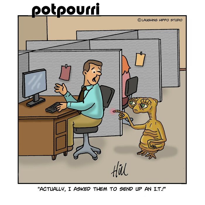 Office worker startled by a classic alien character in a witty one-panel comic on pop culture humor.