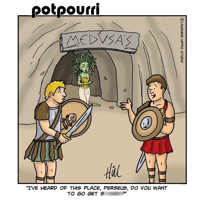 One-panel comic showing Medusa in a cave with two warriors referencing pop culture and classic characters humor.