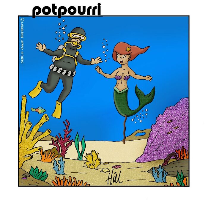 One-panel comic showing a scuba diver and a mermaid with a stick leg underwater in a colorful coral reef.