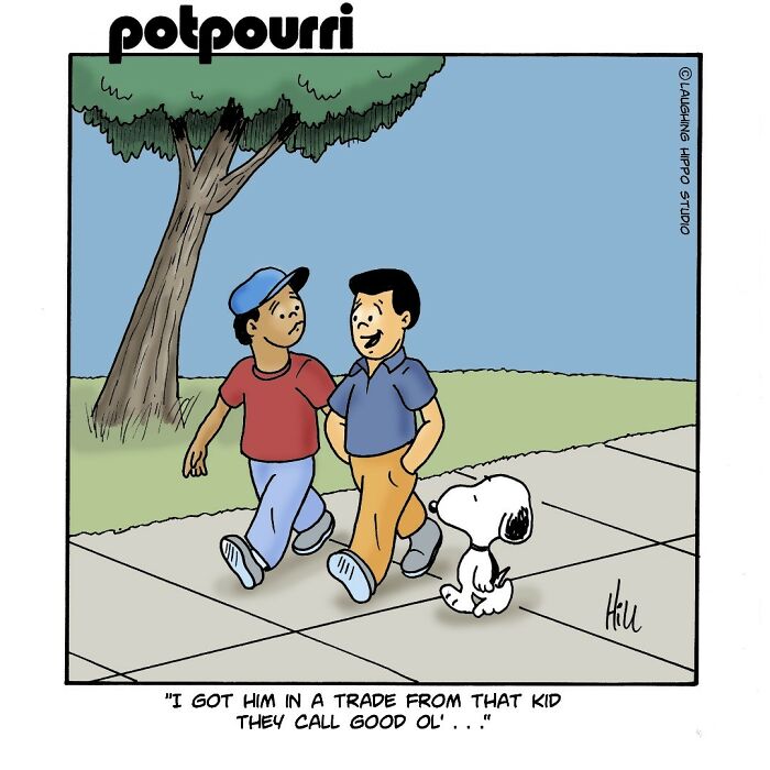 One-panel comic featuring classic pop culture characters in a witty humorous scene walking along a sidewalk.