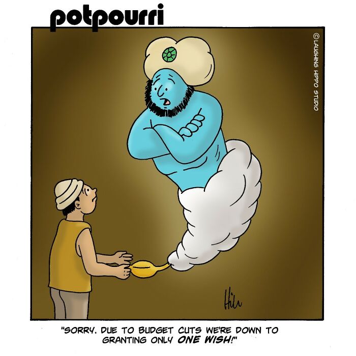 Cartoon genie appearing from lamp telling man about budget cuts in a witty one-panel comic on pop culture and classic characters.