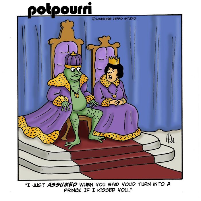 Cartoon frog prince and princess on thrones in a witty one-panel comic putting a funny spin on classic characters.