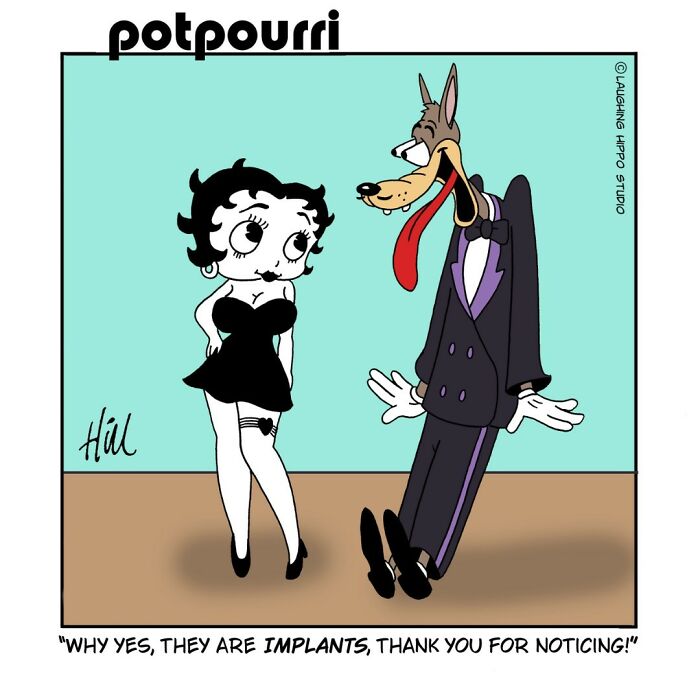 Witty one-panel comic featuring classic cartoon characters with a funny spin on pop culture and implants.