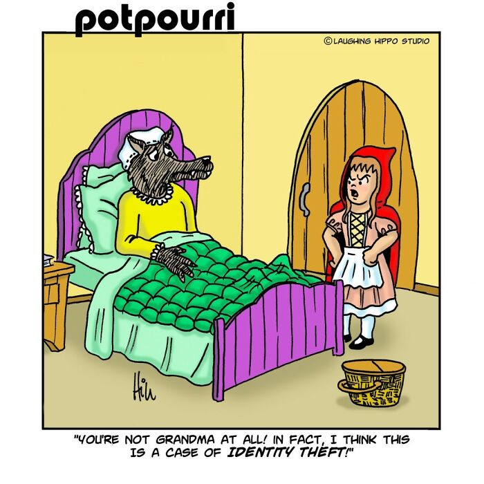 Cartoon of a wolf dressed as grandma in bed with a surprised girl in a red hood, a funny pop culture comic one-panel scene.