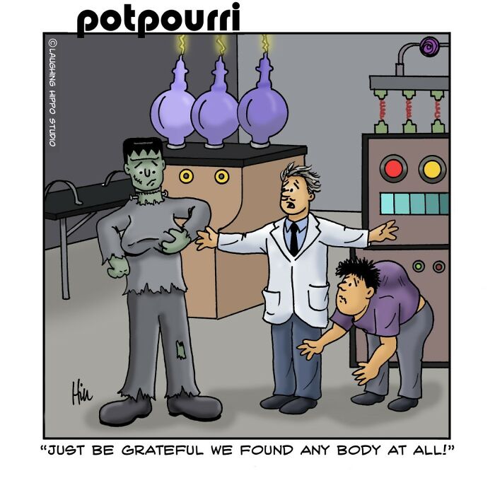 Witty one-panel comic showing a scientist with Frankenstein and a helper, adding a funny spin on classic characters.