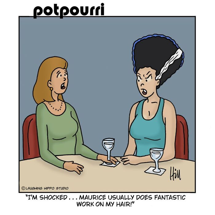 One-panel comic showing two women at a table, with a funny twist on pop culture and classic characters.