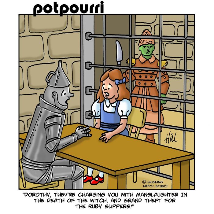 One-panel comic featuring classic characters in a funny pop culture scene with a tin man, Dorothy, and a witch behind bars.