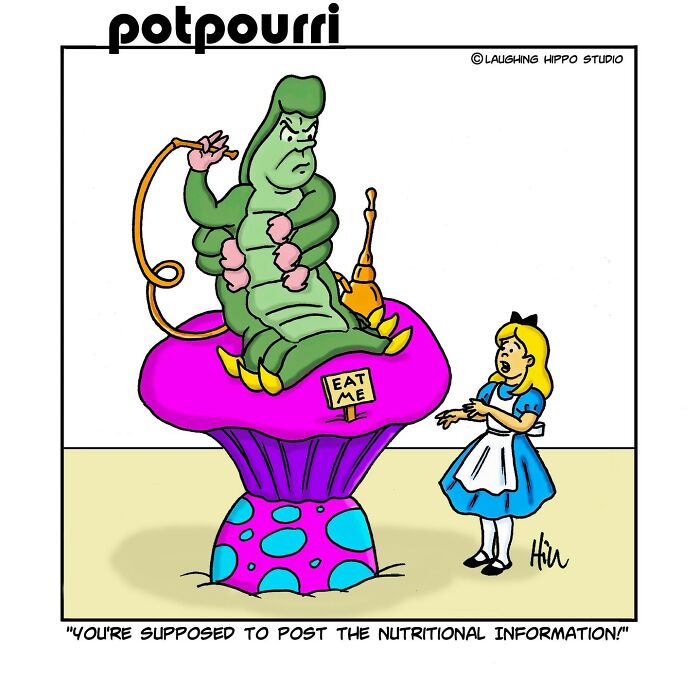 Witty one-panel comic featuring a pop culture caterpillar and Alice with a humorous twist on classic characters.