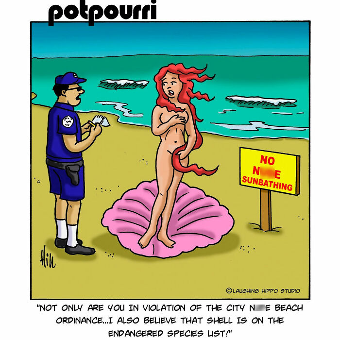 One-panel comic with a n**e classic character at the beach getting a ticket for sunbathing violation and endangered species.