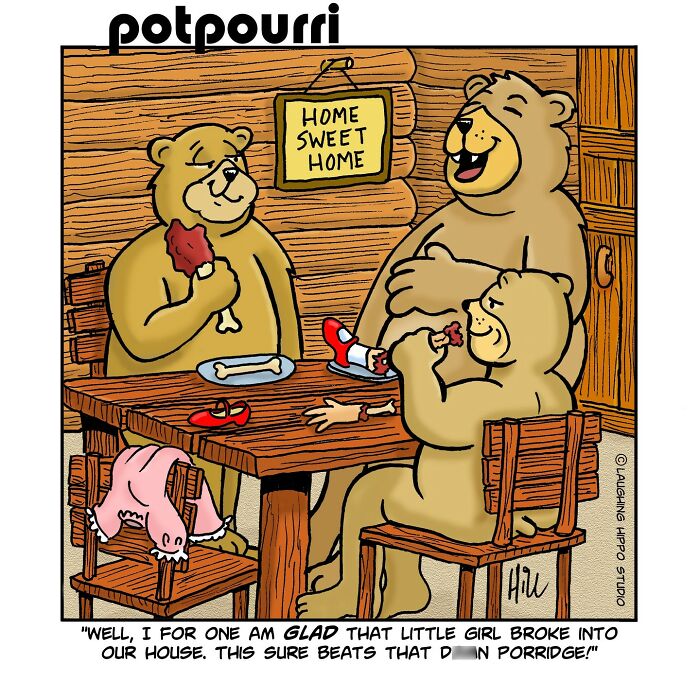 Three bears enjoying a meal in a witty one-panel comic with a funny spin on classic characters and pop culture.