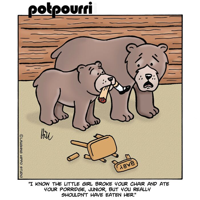 Cartoon bears in a funny one-panel comic humorously spinning classic characters and pop culture with a broken chair and eaten baby chair.