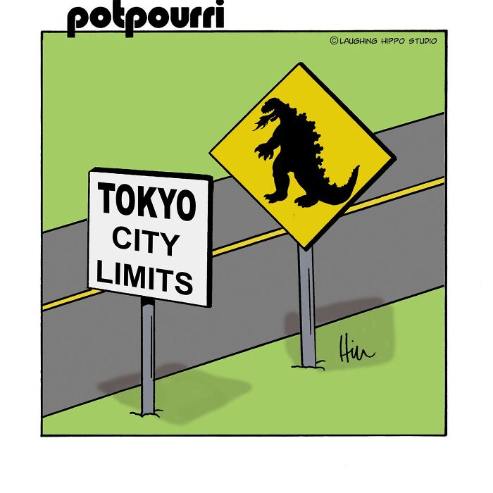 One-panel comic showing a Tokyo city limits sign next to a Godzilla warning sign with a humorous pop culture twist.