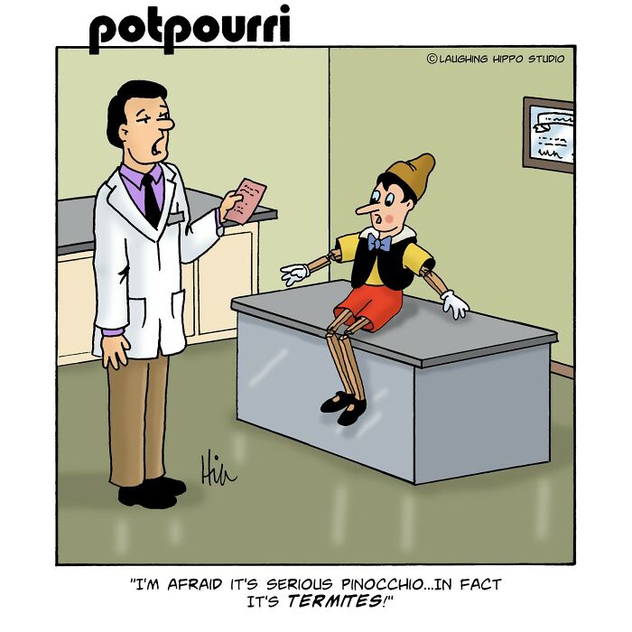 Cartoon of a doctor telling Pinocchio he has termites, a witty one-panel comic with a funny spin on classic characters.