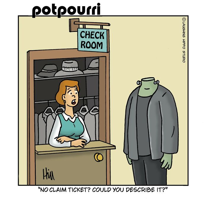 Witty one-panel comic showing a checkroom attendant asking a headless figure about a missing claim ticket.