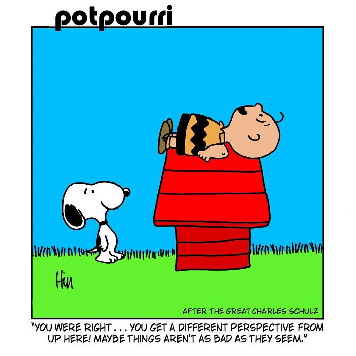 One-panel comic with classic characters Snoopy and Charlie Brown showing a funny spin on pop culture and classic characters.