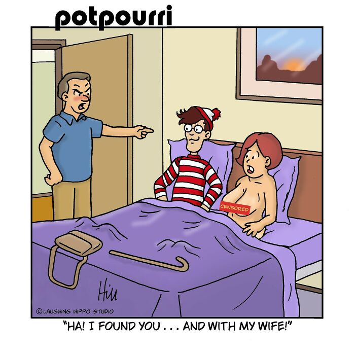 Witty one-panel comic showing a man catching Waldo in bed with his wife, adding a funny twist on classic characters.