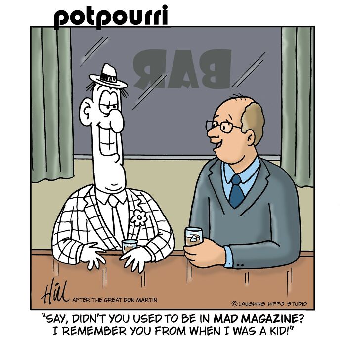 Two men having drinks at a bar in a witty one-panel comic with a funny spin on pop culture and classic characters.