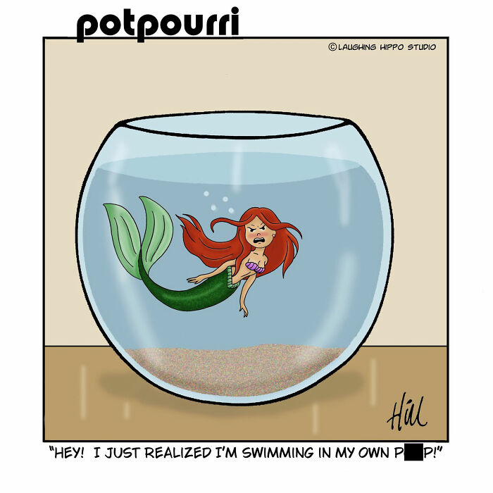 One-panel comic showing a frustrated mermaid trapped in a fishbowl, humorously spinning classic characters and pop culture.