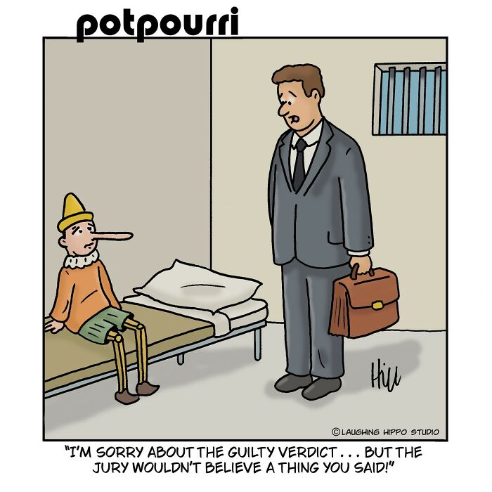 Witty one-panel comic showing Pinocchio in a jail cell with a lawyer discussing a guilty verdict.