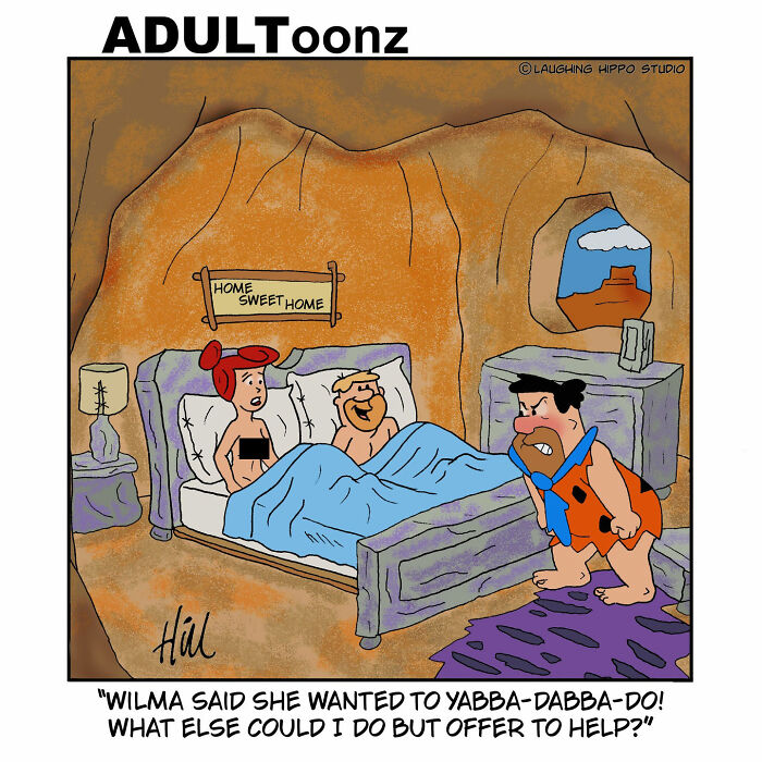 One-panel comic with classic Flintstones characters adding a funny spin on pop culture and relationships in a cave bedroom.