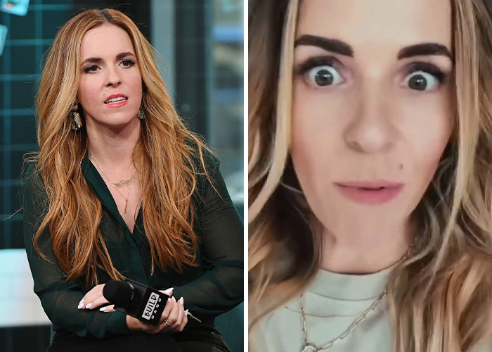 Female influencer speaking at a panel and in a close-up video, illustrating influencers whose careers tanked rapidly.