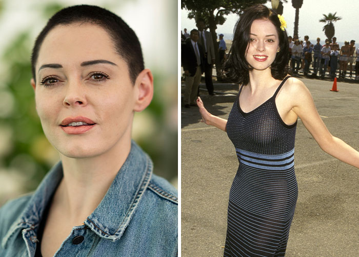 Actress Rose McGowan with short hair in denim jacket, and younger Rose McGowan in a black and blue dress, representing celebrities who experienced homelessness.
