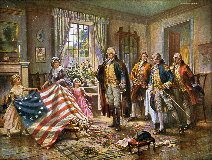 Colonial-era scene with historical figures and early American flag, illustrating so-called facts about history that are false.