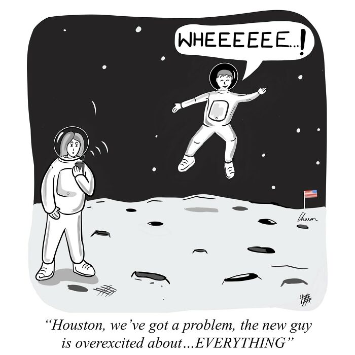 One-panel comic showing astronauts on the moon, capturing humor in today's world with an overexcited spacewalker.