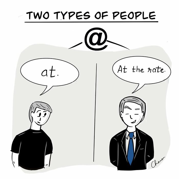 One-panel comic humor showing two people interpreting the @ symbol differently, illustrating modern communication humor.