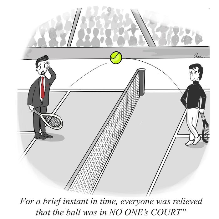 One-panel comic showing two men confused on a tennis court with a ball in no one's court humorously depicted.