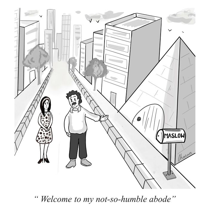 Black and white one-panel comic showing a man and woman on a city street with a pyramid-shaped building labeled Maslow.