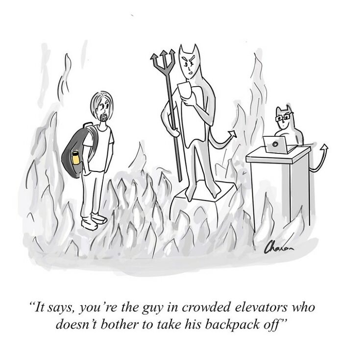 One-panel comic showing a devil reading a list to a backpack-wearing man, capturing humor in today’s world.