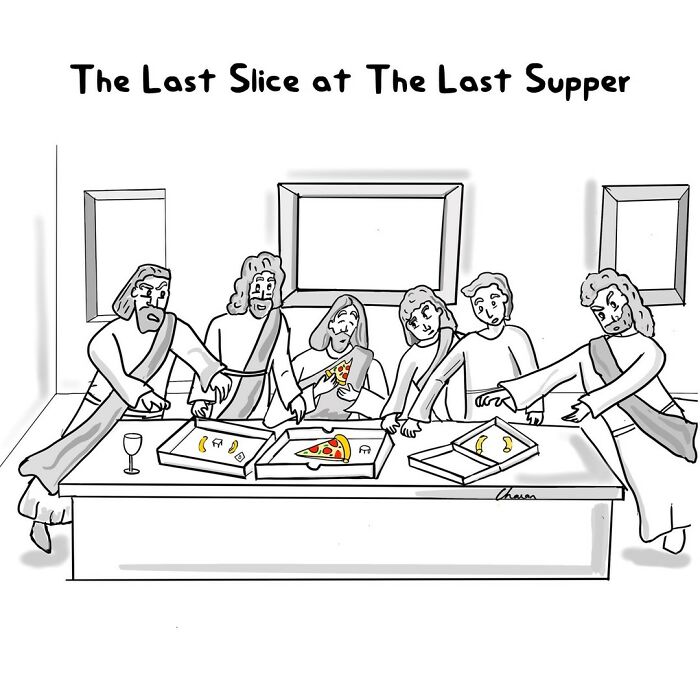 One-panel comic depicting a humorous take on the Last Supper with characters reaching for the last pizza slice.