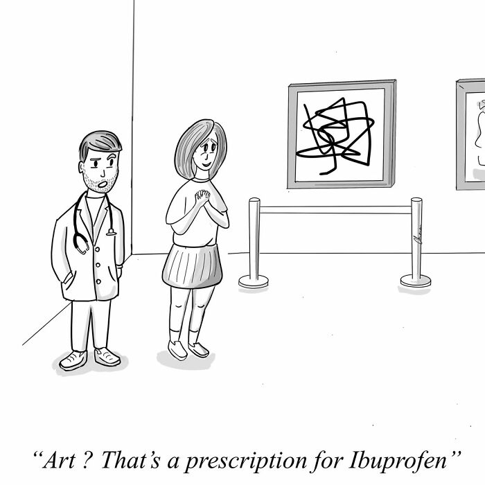 Woman excitedly viewing abstract art while doctor stands nearby, highlighting humor in one-panel comics about today's world.
