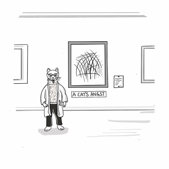 A one-panel comic showing a cat in a coat standing next to abstract art titled A Cat's Angst in a humor comic style.