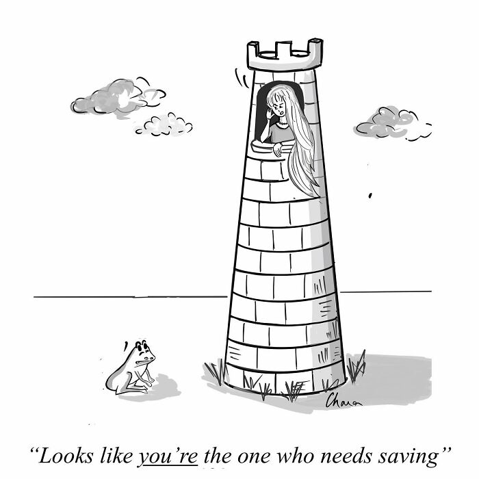 One-panel comic showing a princess talking to a frog at the base of a tall tower in a humorous modern world setting.