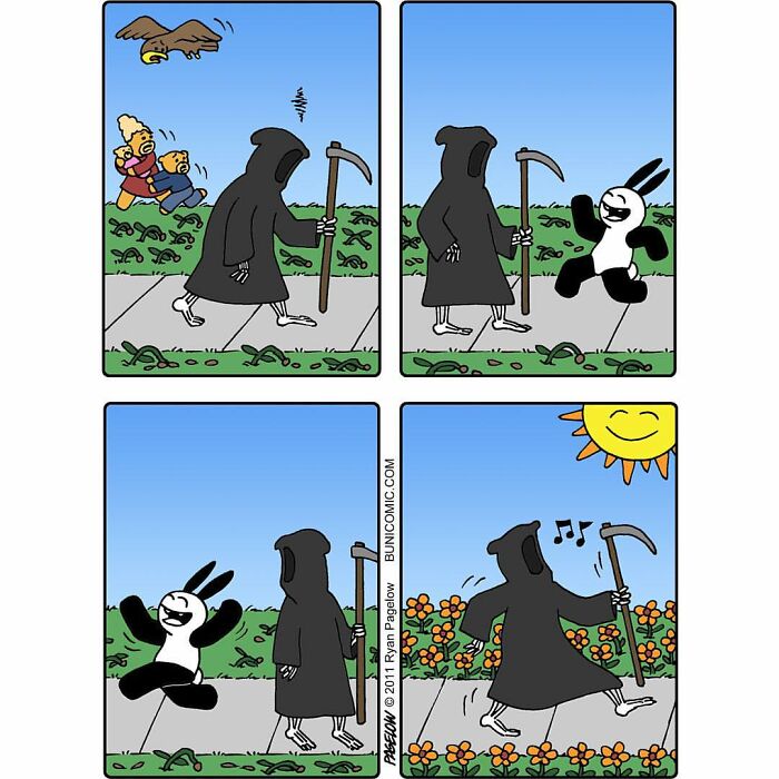 Grim Reaper walking happily on a sunny day, interacting joyfully with a playful black and white bunny in a comic strip.